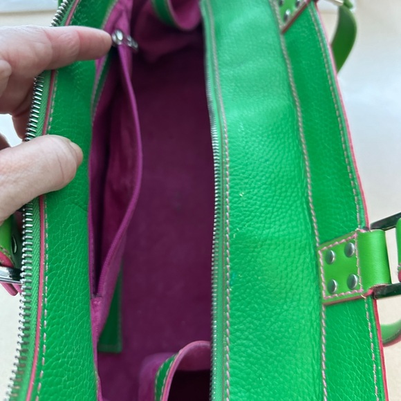 Lambertson Truex handbag bright green leather with hot pink suede lining - Picture 5 of 15